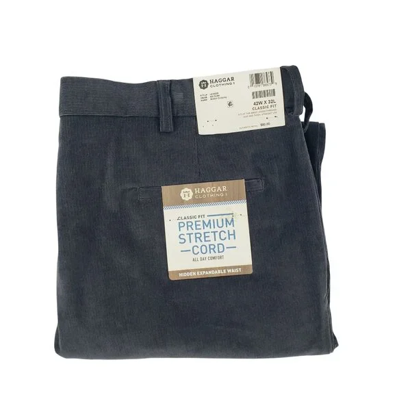 Haggar Corduroy Pants 42X32 Dusk Gray Classic Fit Stretch Expandable Waist NWT - Picture 1 of 12